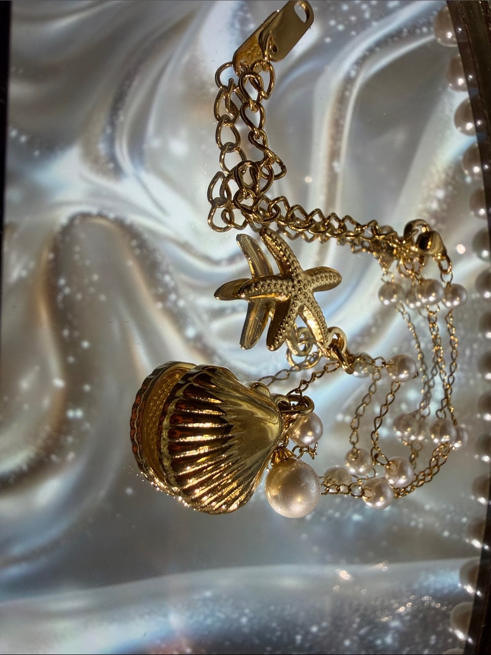 Gold Shell & Starfish Charm Bracelet with Pearl Accents